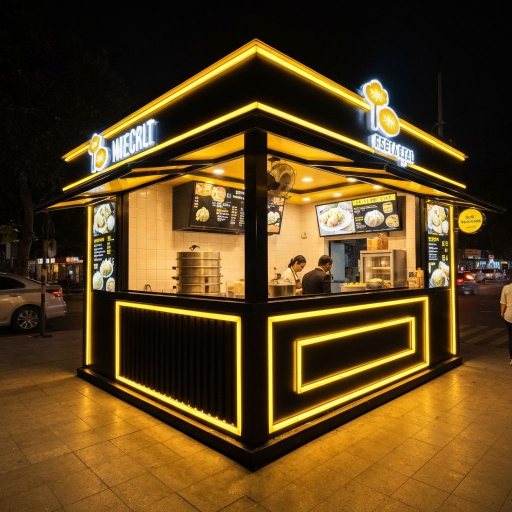 Yumm Momo kiosk with night lighting